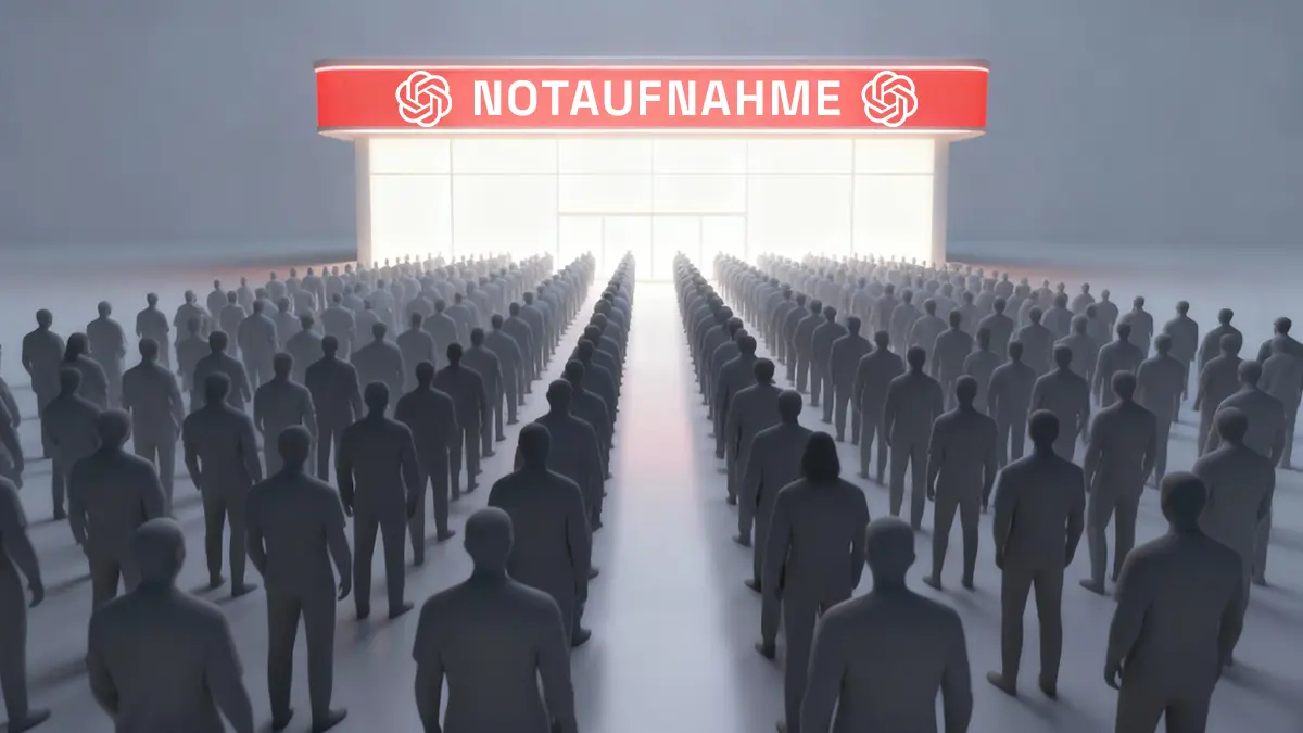 Graue Menschen stehen vor eine ChatGPT Notaufnahme